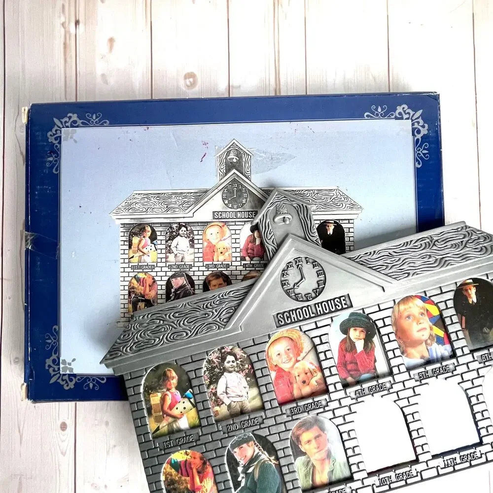 Vintage Pewter-Tone Cast Metal Schoolhouse Shaped Frame 12 Openings Original Box